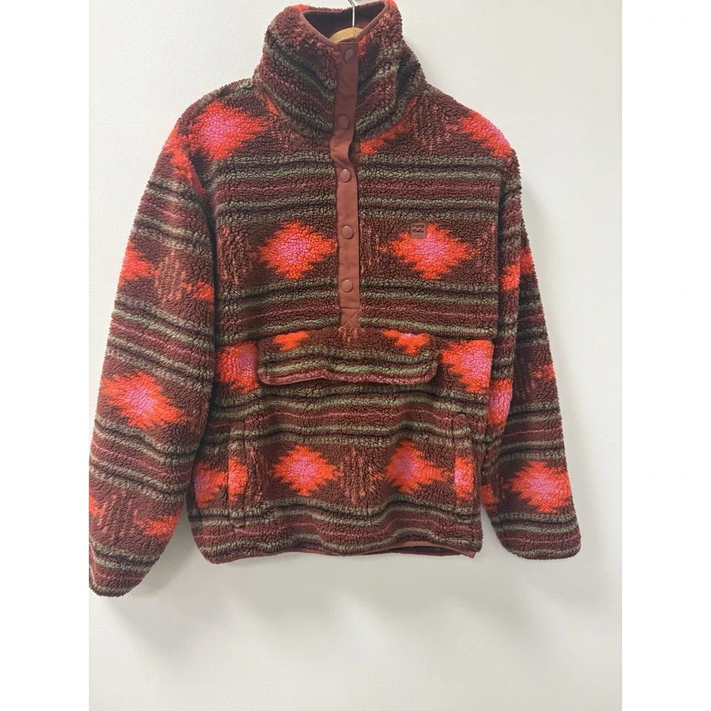 Billabong AD 1/4 Button Pullover Fleece Kangaroo Pocket  Funnel Neck Y2K Sz S